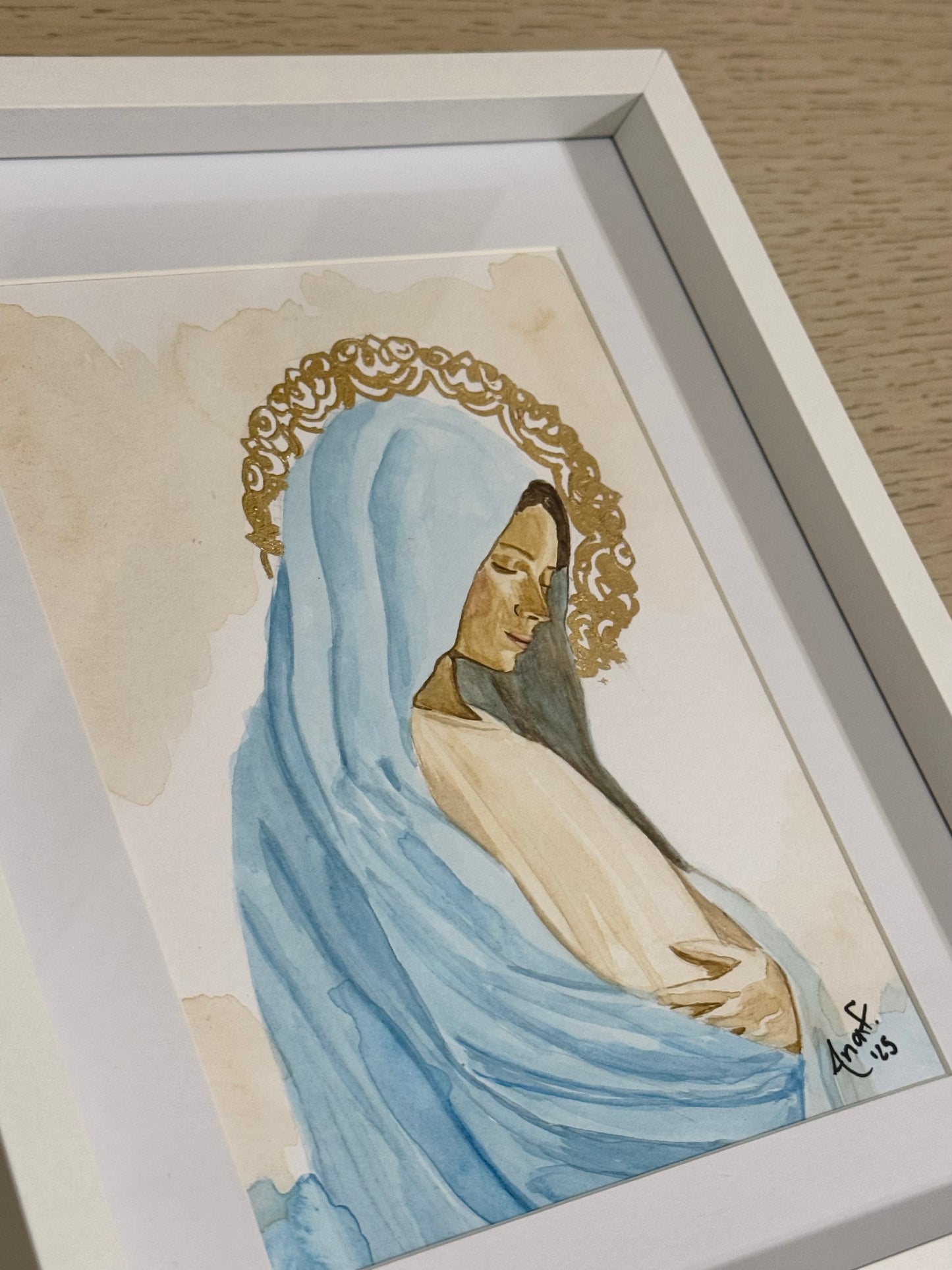 Cuadro Virgen Dulce Espera Acuarela con Hoja de Oro