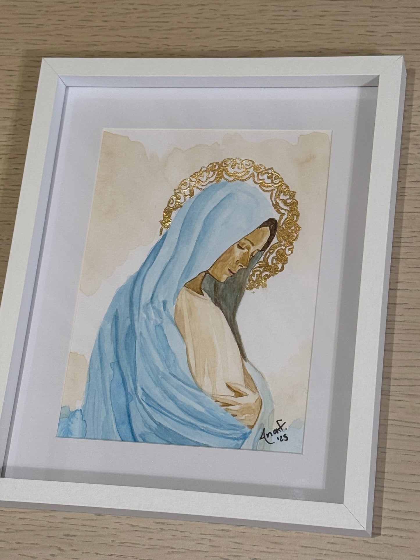 Cuadro Virgen Dulce Espera Acuarela con Hoja de Oro