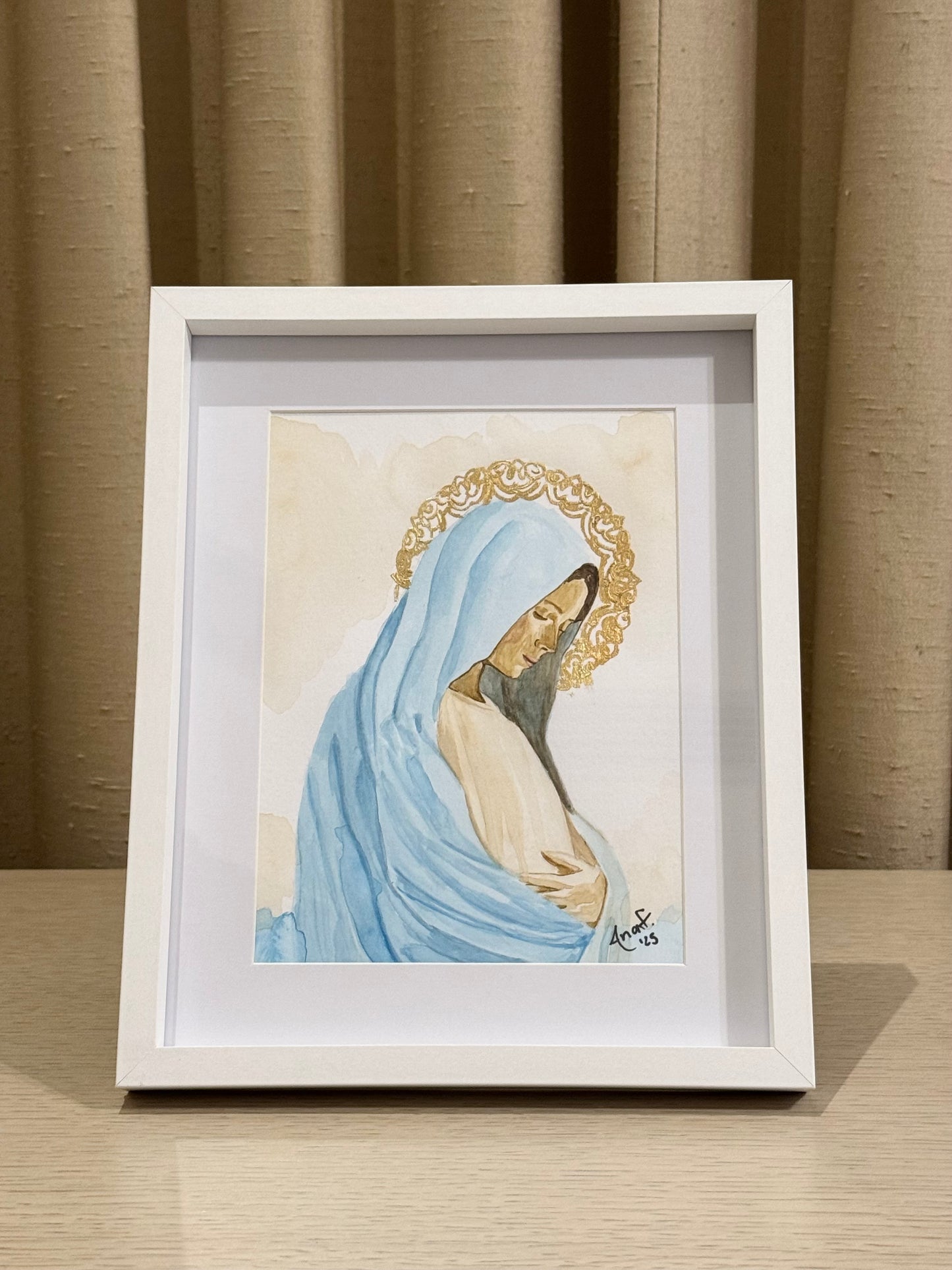 Cuadro Virgen Dulce Espera Acuarela con Hoja de Oro