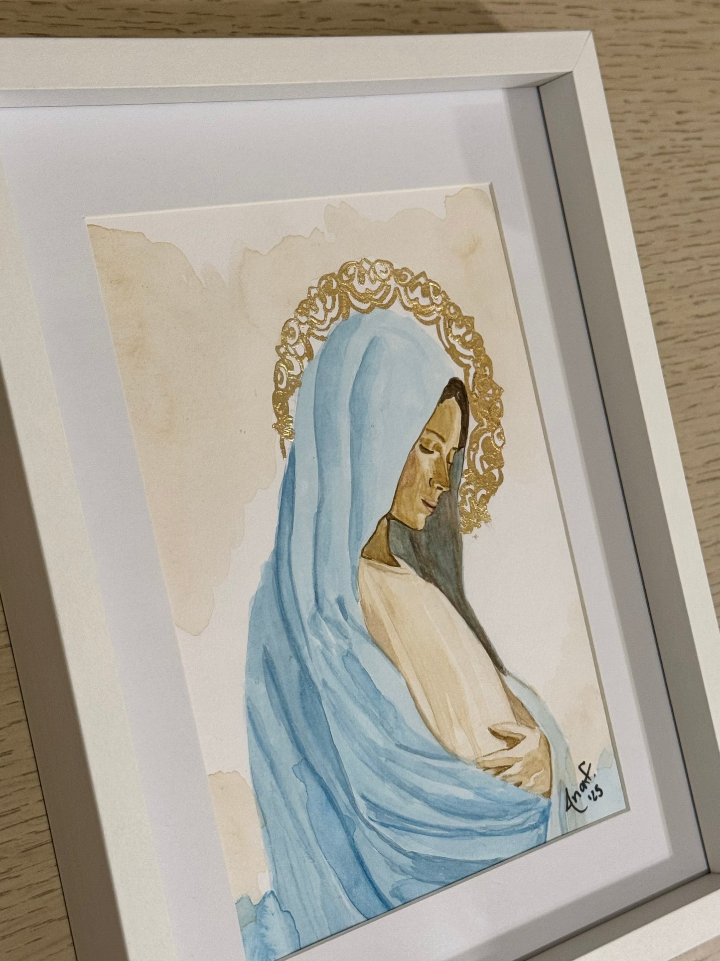 Cuadro Virgen Dulce Espera Acuarela con Hoja de Oro