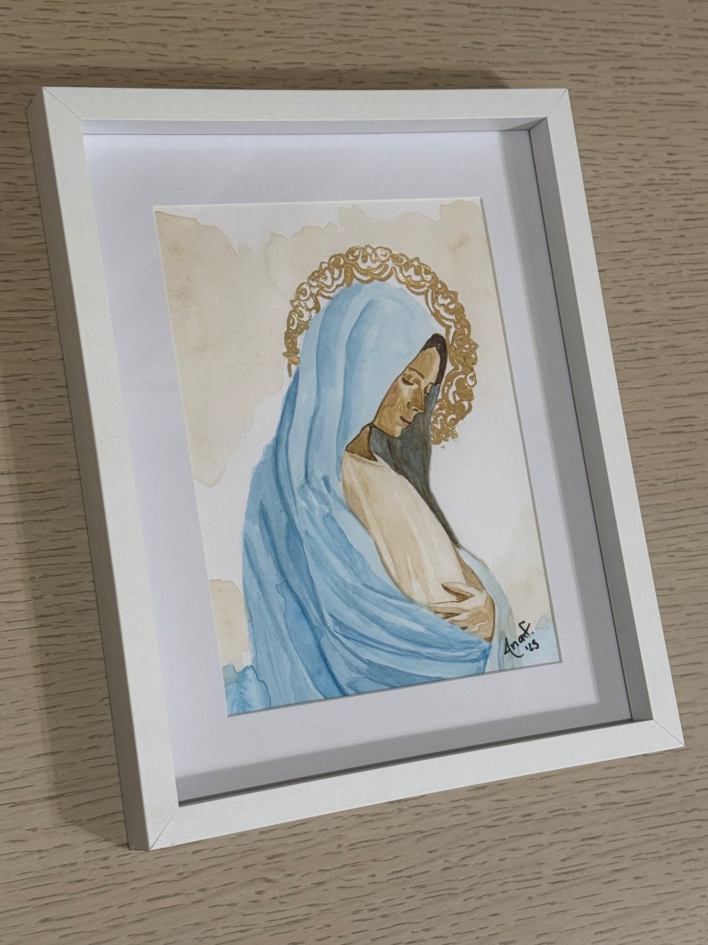 Cuadro Virgen Dulce Espera Acuarela con Hoja de Oro