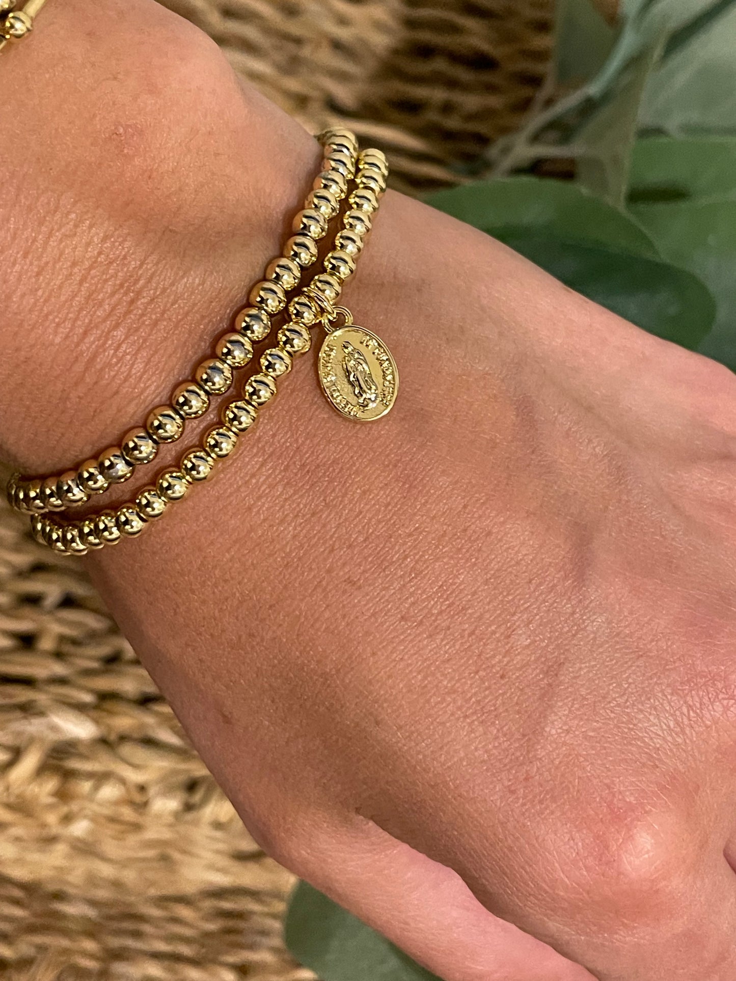 Pulsera Bolitas Virgen de Guadalupe de Chapa de Oro