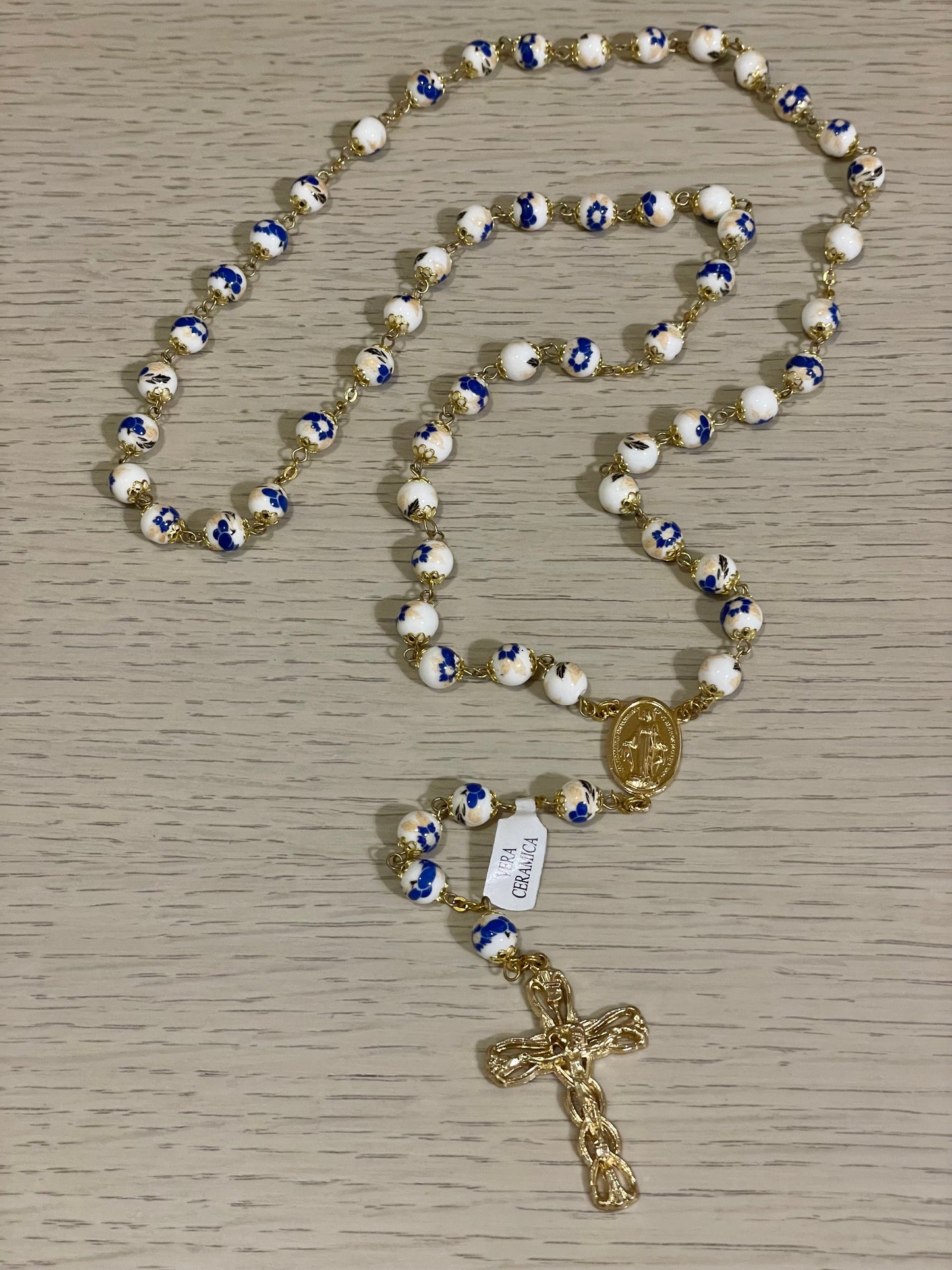 Rosario de Virgen Milagrosa Cerámica Azul y Beige