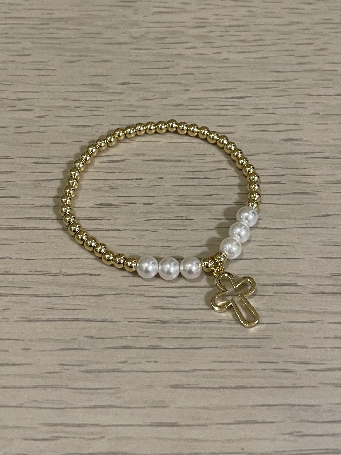 Pulsera Bolitas Cruz de Chapa de Oro